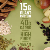 Veloforte plant-based overnight oats with seeds and real fruit, high-protein breakfast in a glass jar with visible oats and fruit pieces.