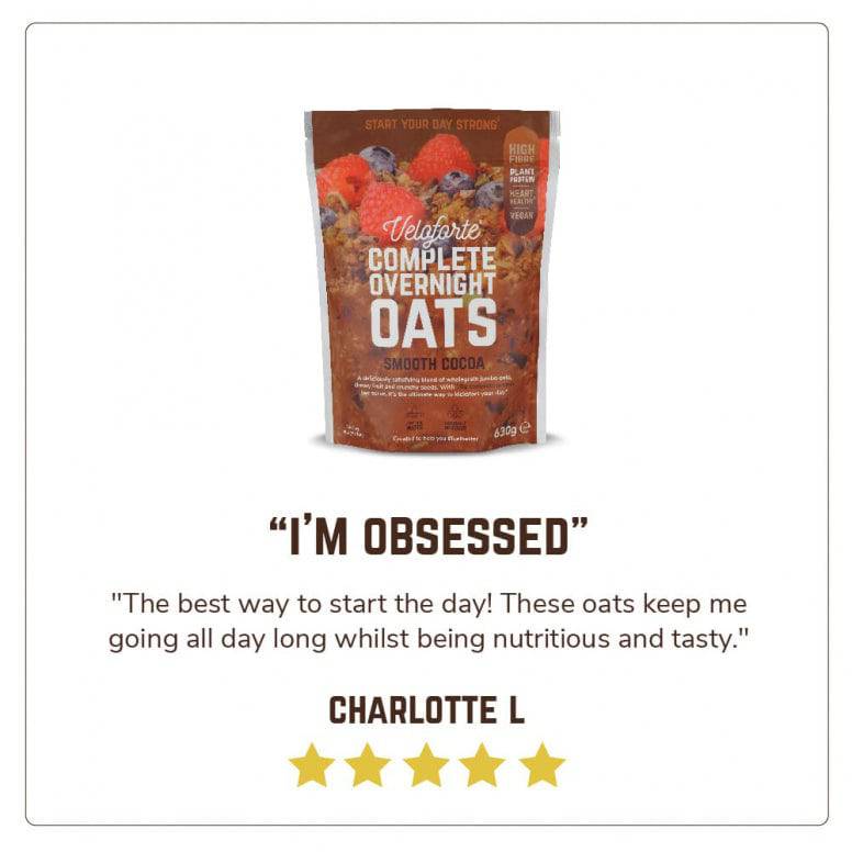 Veloforte plant-based overnight oats with seeds and real fruit, high-protein breakfast in a bowl.