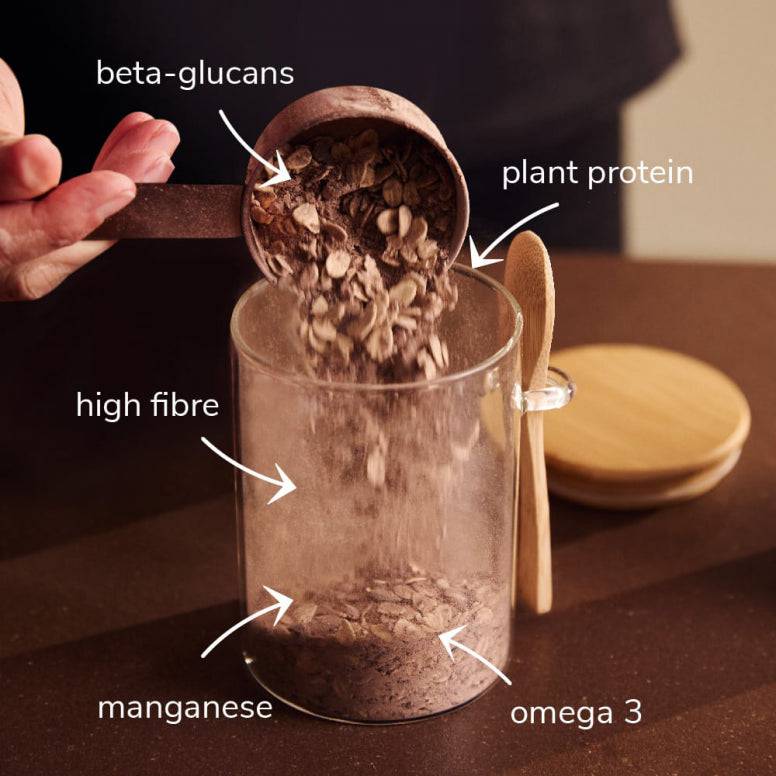 Veloforte plant-based overnight oats with seeds and real fruit in a bowl, high-protein breakfast accessory.