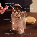 Veloforte plant-based overnight oats with seeds and real fruit in a bowl, high-protein breakfast accessory.