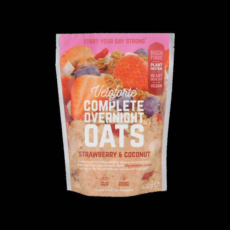 Veloforte plant-based overnight oats with seeds and real fruit, high-protein breakfast in a ready-to-eat container.