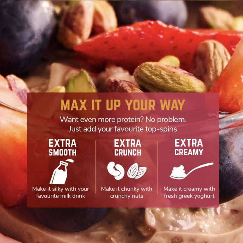Veloforte plant-based overnight oats with seeds and real fruit, high protein breakfast in a bowl with fresh fruit and seeds.