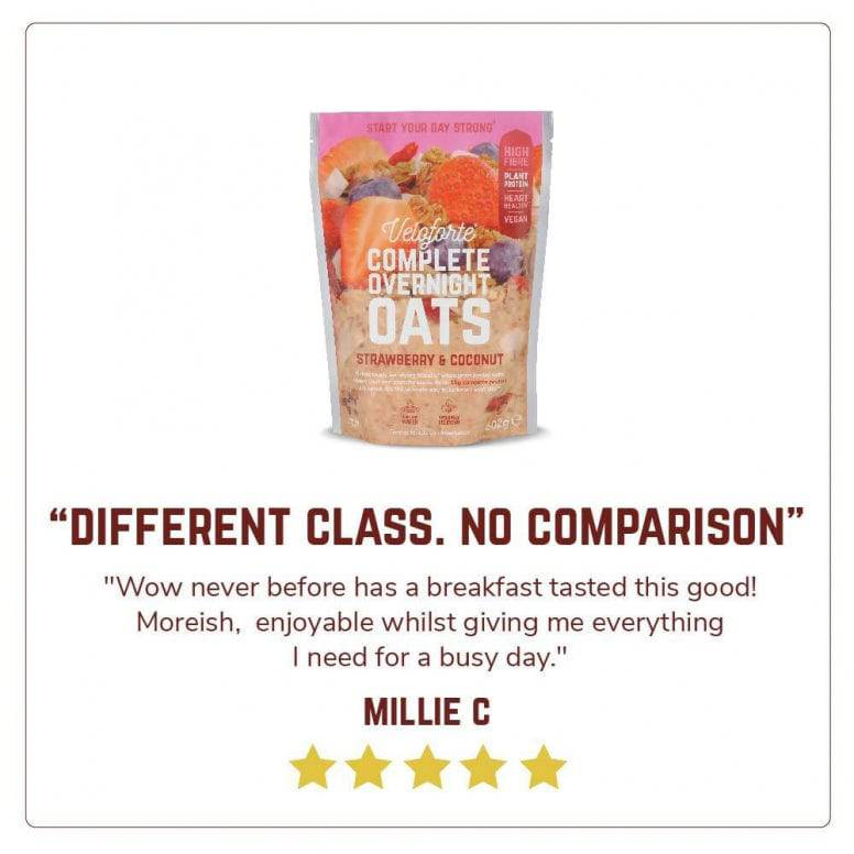 Veloforte plant-based overnight oats with seeds and real fruit, high-protein breakfast in a clear jar with visible oats and fruit pieces.