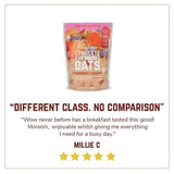 Veloforte plant-based overnight oats with seeds and real fruit, high-protein breakfast in a clear jar with visible oats and fruit pieces.