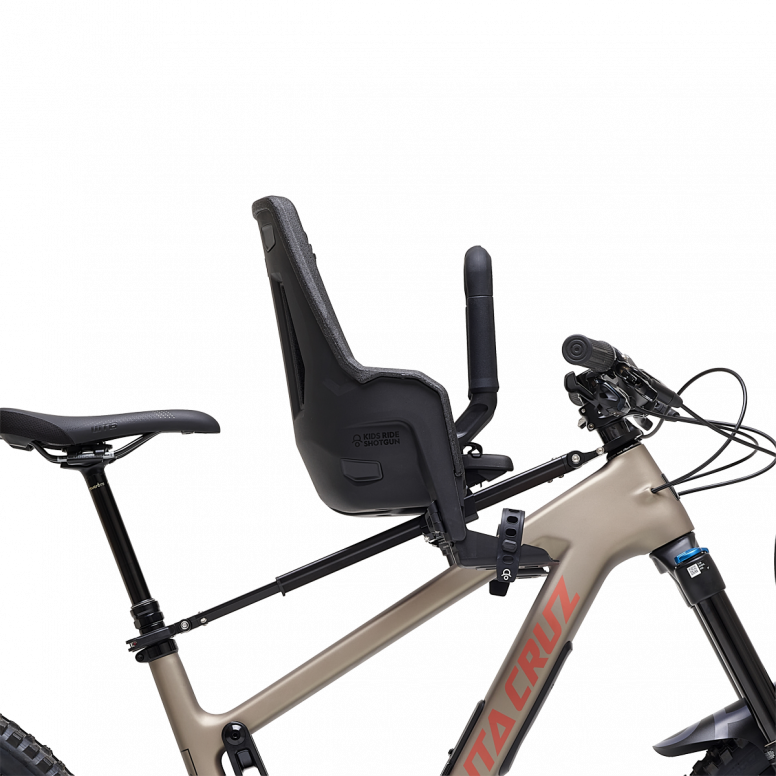 Black Kids Ride Shotgun Pro Evo 2-in-1 child bike seat with handlebars, designed for safe and comfortable kids' cycling accessories.
