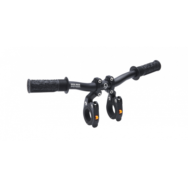 Kids Ride Shotgun Pro Evo 2-in-1 child bike seat and handlebars combo in black, designed for safe and fun bike riding with kids.