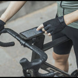 Black Topeak Ridecase multi-mount bike phone holder attached to a 35-48mm stem, designed for secure smartphone mounting during rides.
