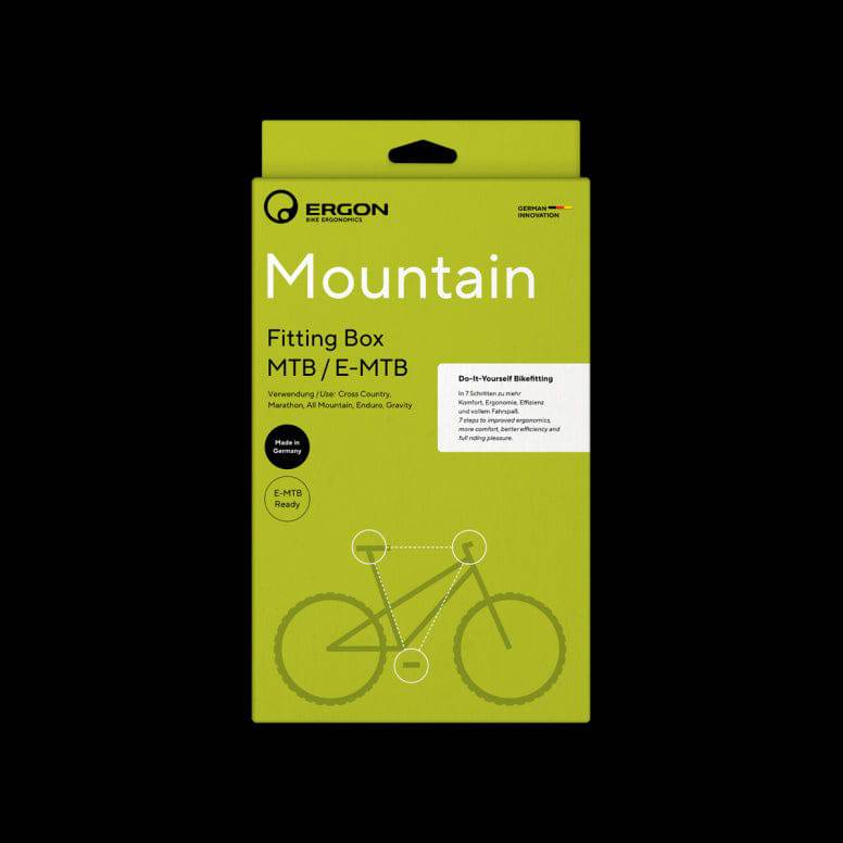 Ergon fitting box bike adjustment kit with saddle, handlebar, and pedal components for comfort and customization.