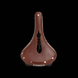 Brooks Flyer Carved Touring Saddle with pressure relief cut-out and steel rails, designed for comfortable bike riding components.