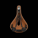 Brooks Flyer Carved Touring Saddle with pressure relief cut-out and steel rails, designed for comfortable bike riding.