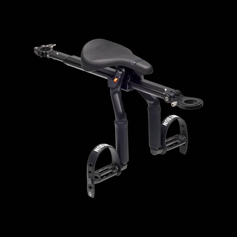 Kids Ride Shotgun Pro II child bike seat with black handlebars, designed for safe and comfortable riding for kids and parents.