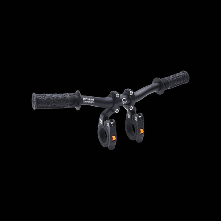 Kids Ride Shotgun Pro II child bike seat with black handlebars, designed for safe and comfortable kid riding accessories.