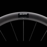 Scope Cycling R4.A V2 45mm allroad wheelset with tubeless-ready, aerodynamic design, shown with black rims and silver spokes.