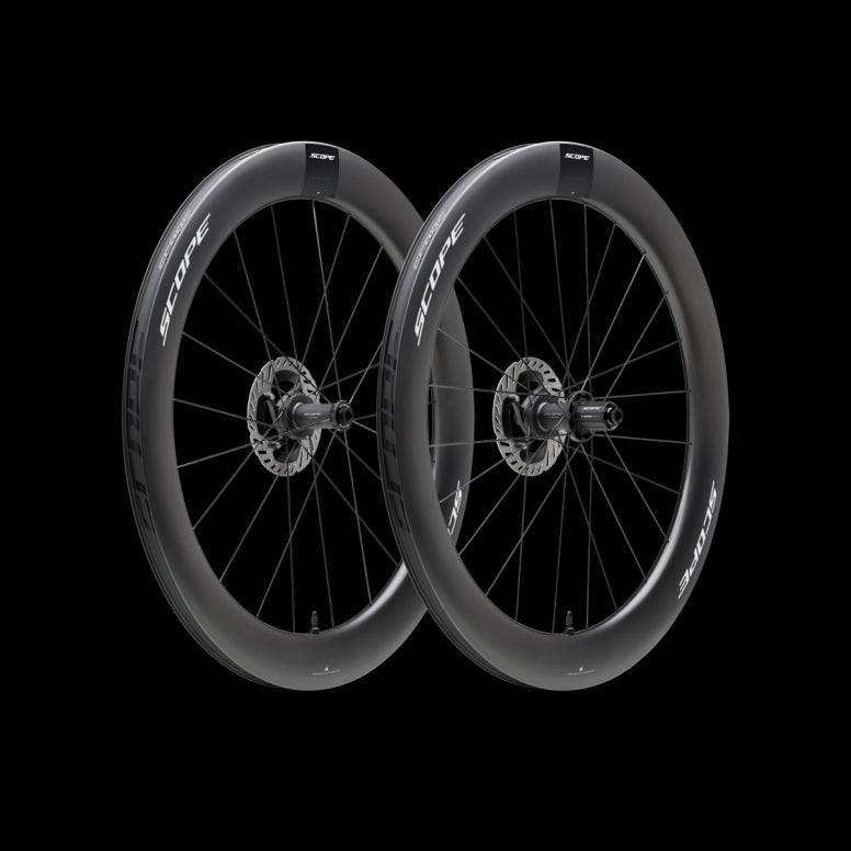 Scope Cycling R6 V2 65mm road wheelset with tubeless clincher design and aerodynamic racing wheels for cycling performance.