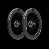 Scope Cycling R8.T V2 85mm triathlon and time trial wheelset with aerodynamic design, black carbon fiber wheels, and sleek spokes.