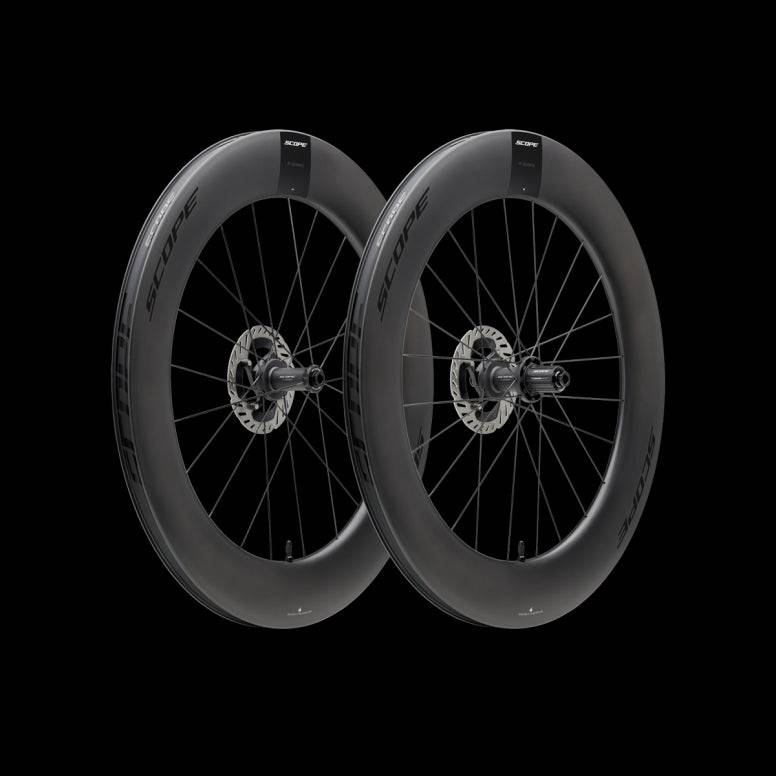 Scope Cycling R8.T V2 85mm TT wheelset with aerodynamic carbon rims for triathlon and time trial cycling.