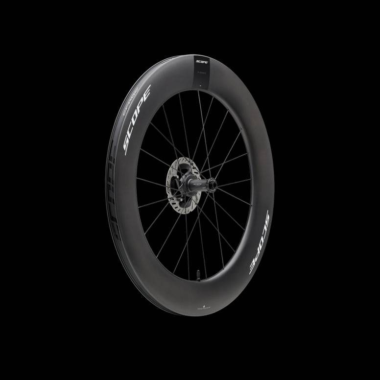 Scope Cycling R8.T V2 85mm aerodynamic time trial front wheel, lightweight cycling component with deep rim design for speed.