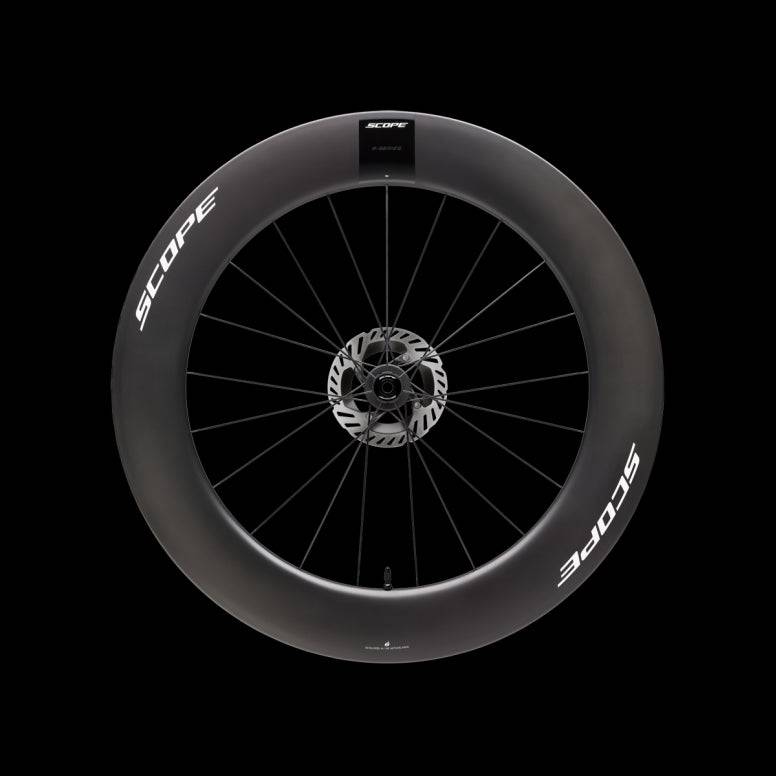 Scope Cycling R8.T V2 85mm TT front wheel, aerodynamic time trial cycling component with carbon rim and deep aerodynamic profile.