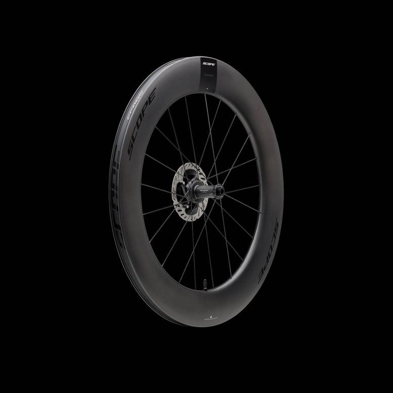Scope Cycling R8.T V2 85mm aerodynamic time trial front wheel, lightweight cycling component with deep-section rim and carbon construction.