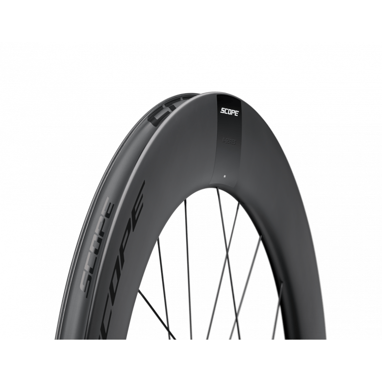 Scope Cycling R8.T V2 85mm TT front wheel, aerodynamic time trial wheel, with deep carbon rim and sleek design.