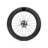 Scope Cycling R8.T V2 85mm TT front wheel showing aerodynamic carbon rim and sleek spokes for time trial cycling.