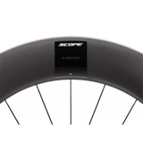 Scope Cycling R8.T V2 85mm TT front wheel, aerodynamic time trial wheel with carbon rim and deep aerodynamic design.