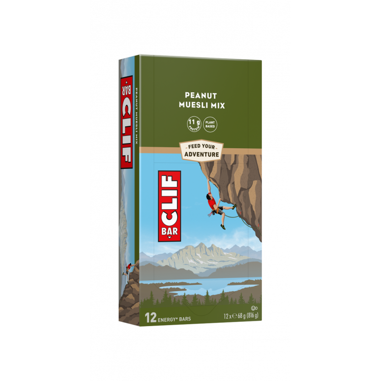Clif Bar 12-pack of energy snacks, featuring various flavors, in colorful packaging on a plain background.