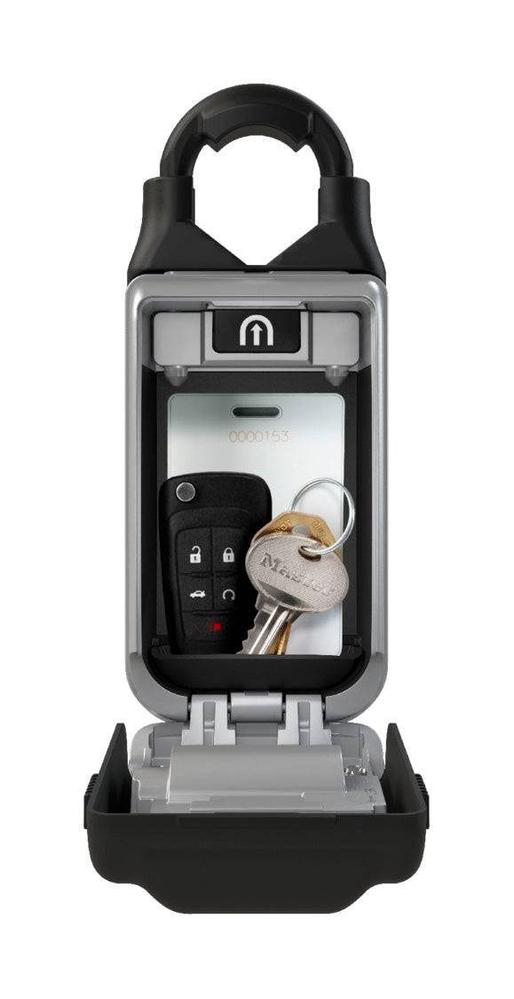 Open Master Lock 5420 universal combination key locker box with weather cover, showing interior key storage and secure locking mechanism.