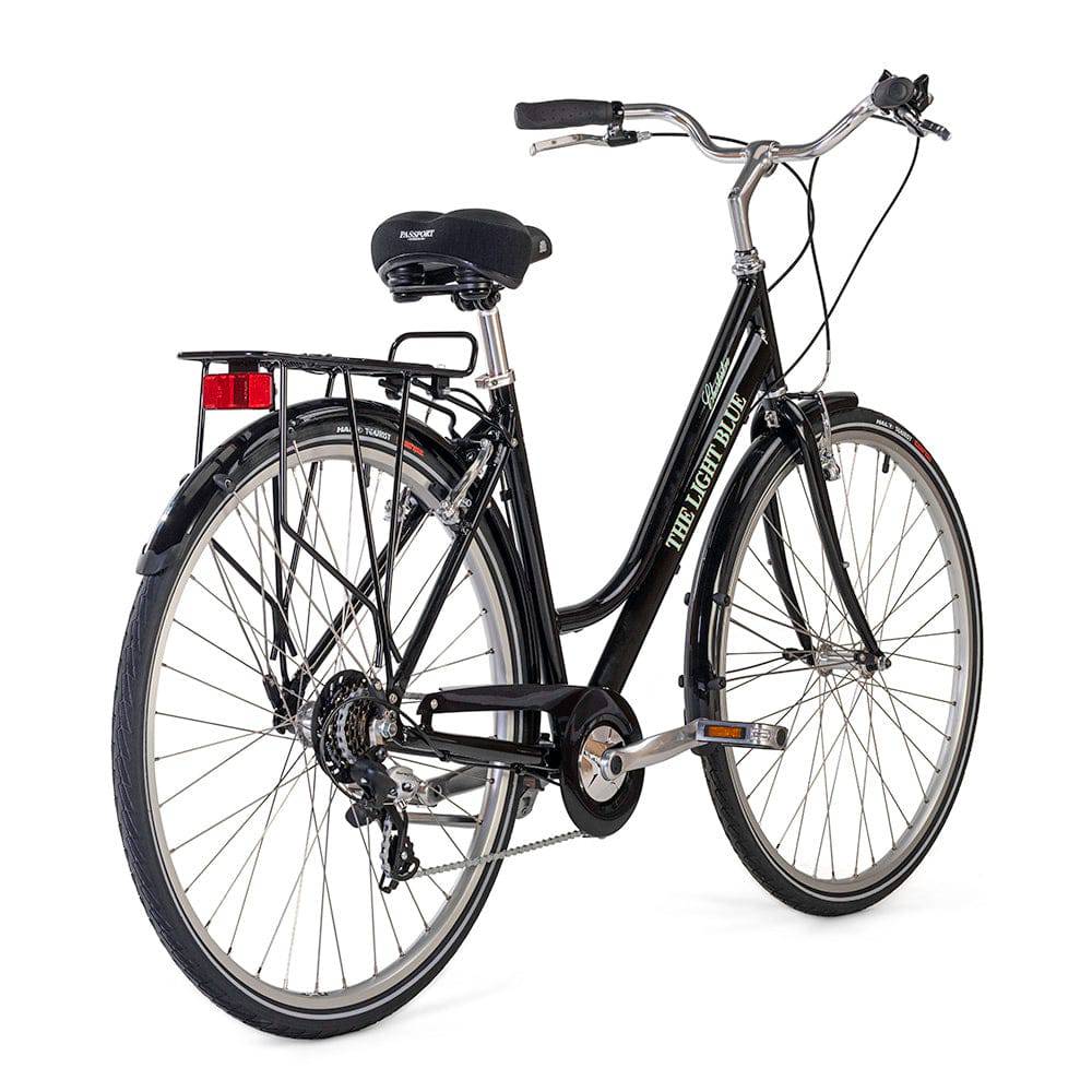 Light Blue Chesterton 7-speed city hybrid bike with step-thru frame, suitable for urban commuting, shown in the image.