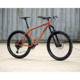 Surly Karate Monkey 27.5+ suspension mountain bike frame with boost hub compatibility, shown in a natural outdoor setting.