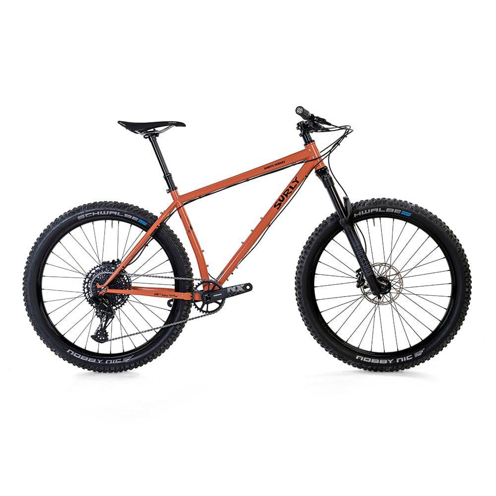 Surly Karate Monkey 27.5+ suspension mountain bike frame with boost hub compatibility, black frame with suspension fork and drivetrain.