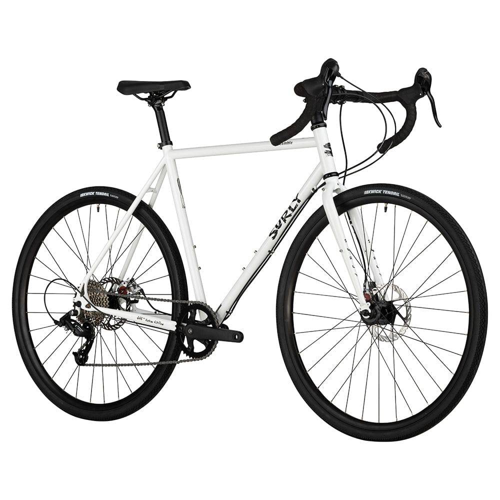 Surly Preamble drop bar gravel bike frame in durable chromoly steel, shown in white with drop handlebars and adventure-ready design.