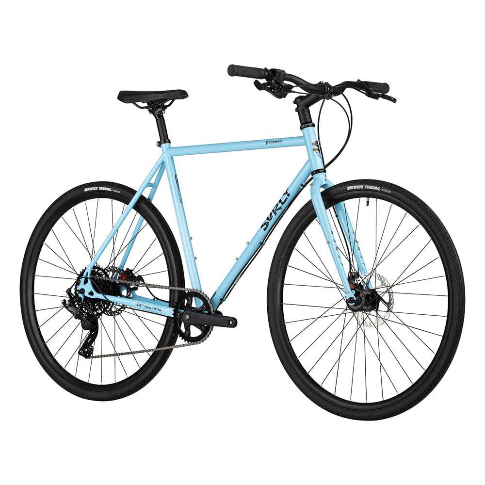Blue Surly Preamble flat bar gravel bike frame made of chromoly steel with disc brake compatibility.