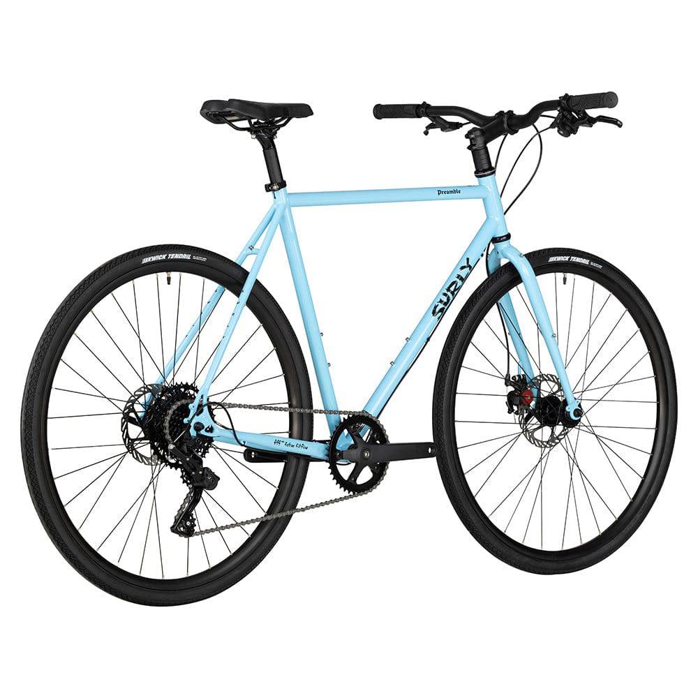 Blue Surly Preamble flat bar gravel bike frame made of durable chromoly steel with disc brake compatibility.
