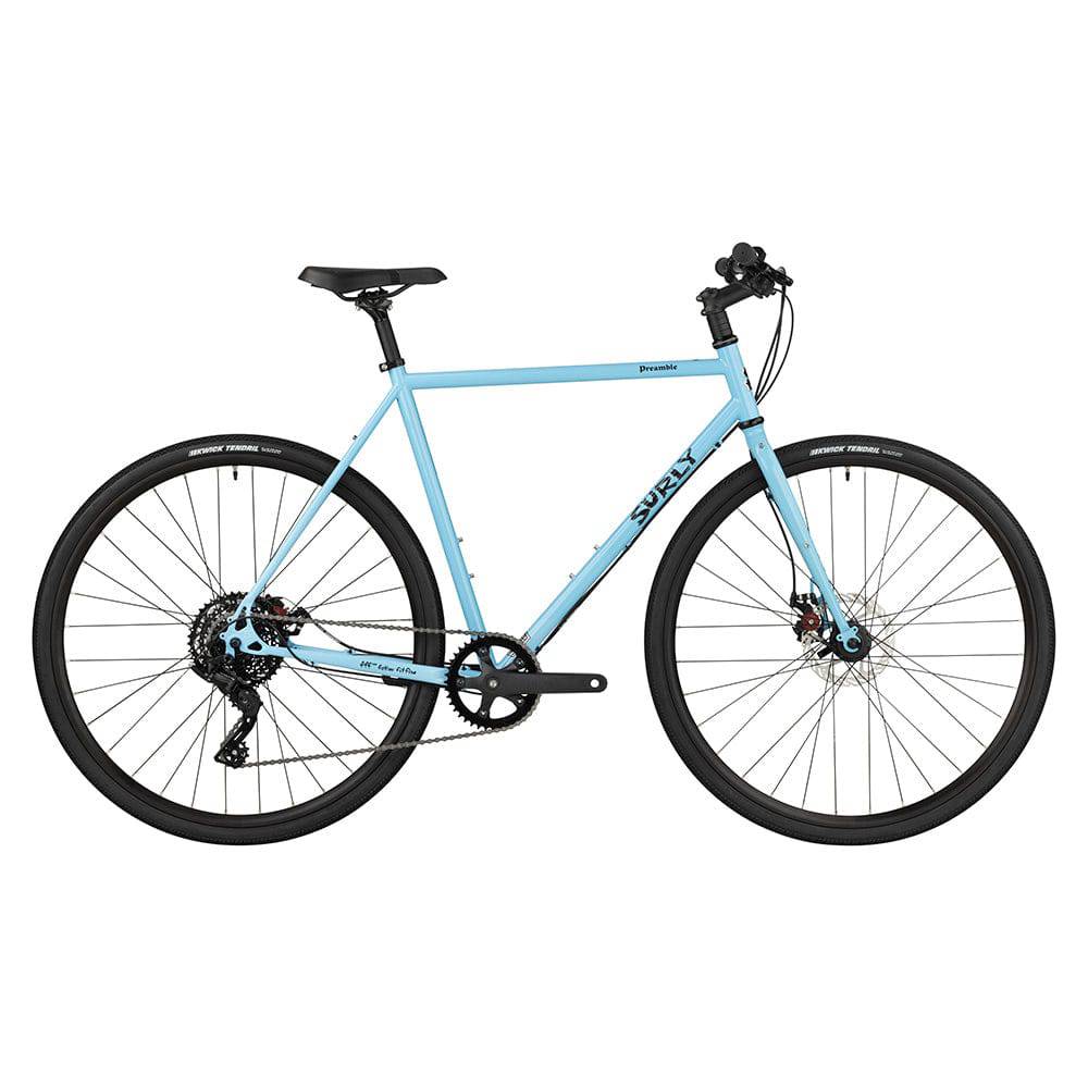Blue Surly Preamble flat bar gravel bike frame made of durable chromoly steel with disc brake compatibility.