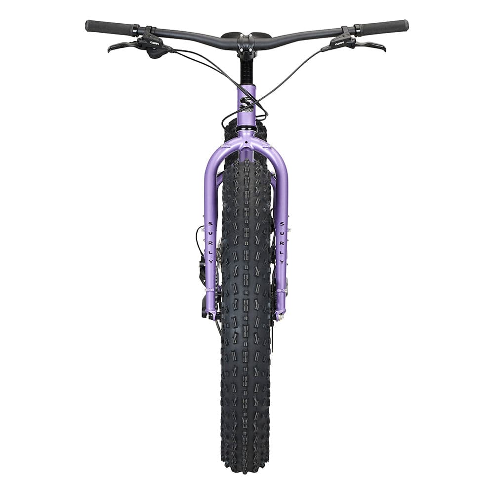 Violet Surly Ice Cream Truck mountain bike frame for trail, snow, and sand riding, shown from the side with detailed tubing.