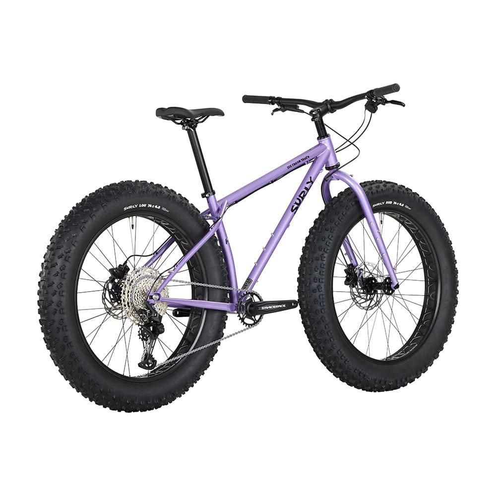 Violet Surly Ice Cream Truck mountain bike frame for trail, snow, and sand riding, with a sturdy, versatile design.