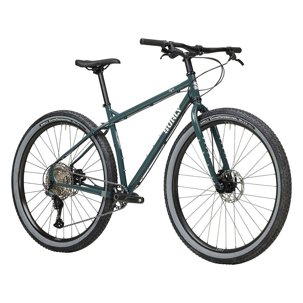 Surly Ogre chromoly steel mountain bike frame in dark gray, designed for commuting and trail riding with durable construction.