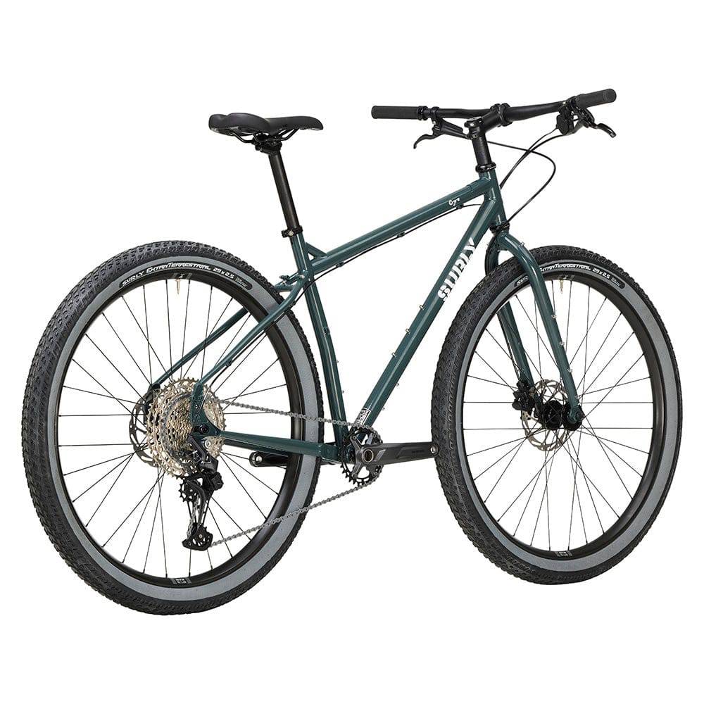 Surly Ogre chromoly steel mountain bike frame in dark gray, designed for versatile commuting and trail riding.