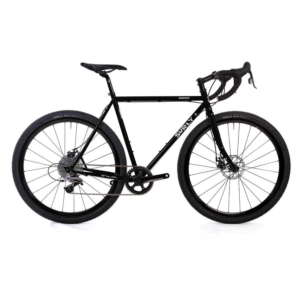 Black Surly Straggler 1x gravel bike with steel frame, suitable for commuting, touring, and gravel riding.