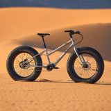 Surly Moonlander 2.0 fat bike with 24x6.25-inch tires, 9-speed Pinion gearbox, and gray frame, ready for off-road adventures.