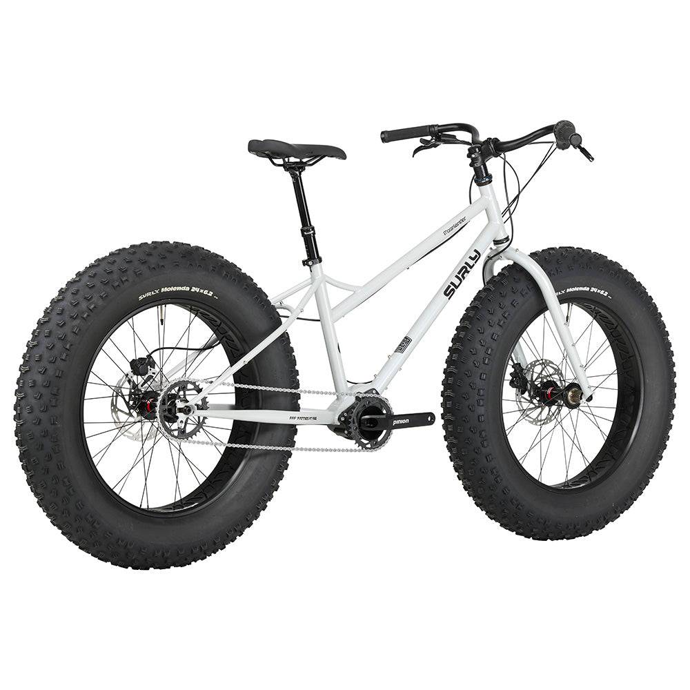 Surly Moonlander 2.0 fat bike with 9-speed Pinion gearbox and 24x6.25-inch fat tires, shown in gray color.