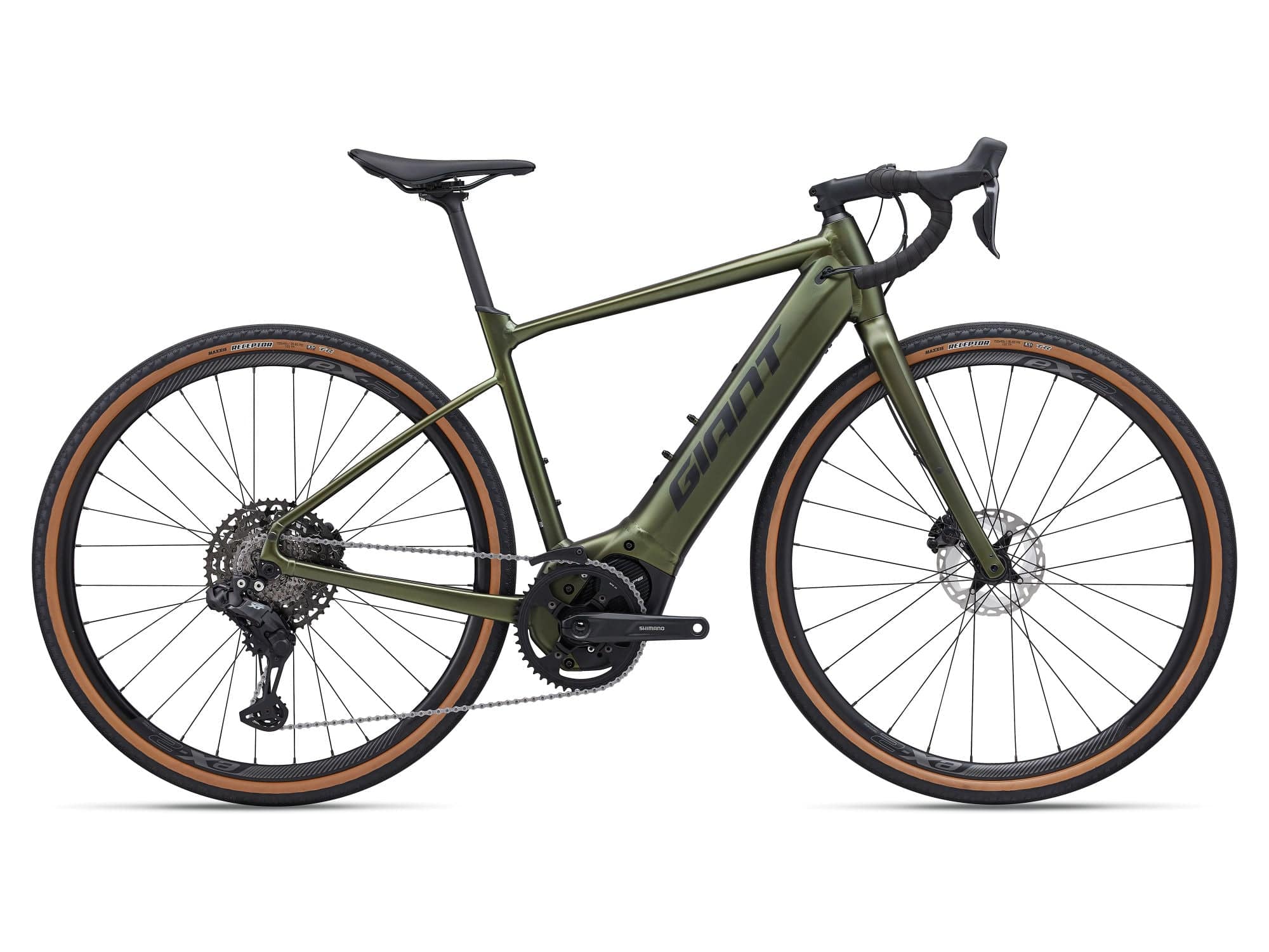 Giant Revolt E+ 1 2026 electric gravel bike with powerful motor, disc brakes, and off-road tires, displayed on a trail.