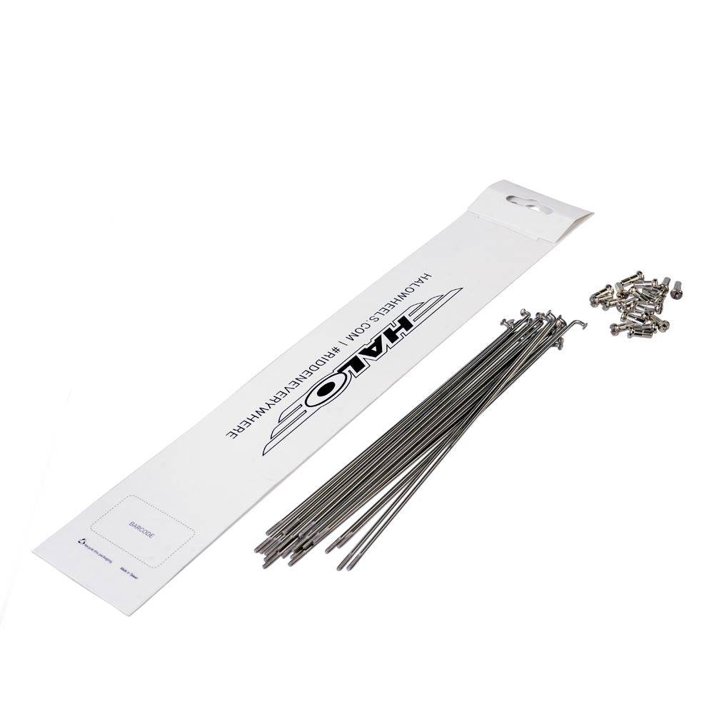 Halo stainless steel bicycle spokes with silver nickel brass nipples for durable wheel builds, shown in a close-up image.