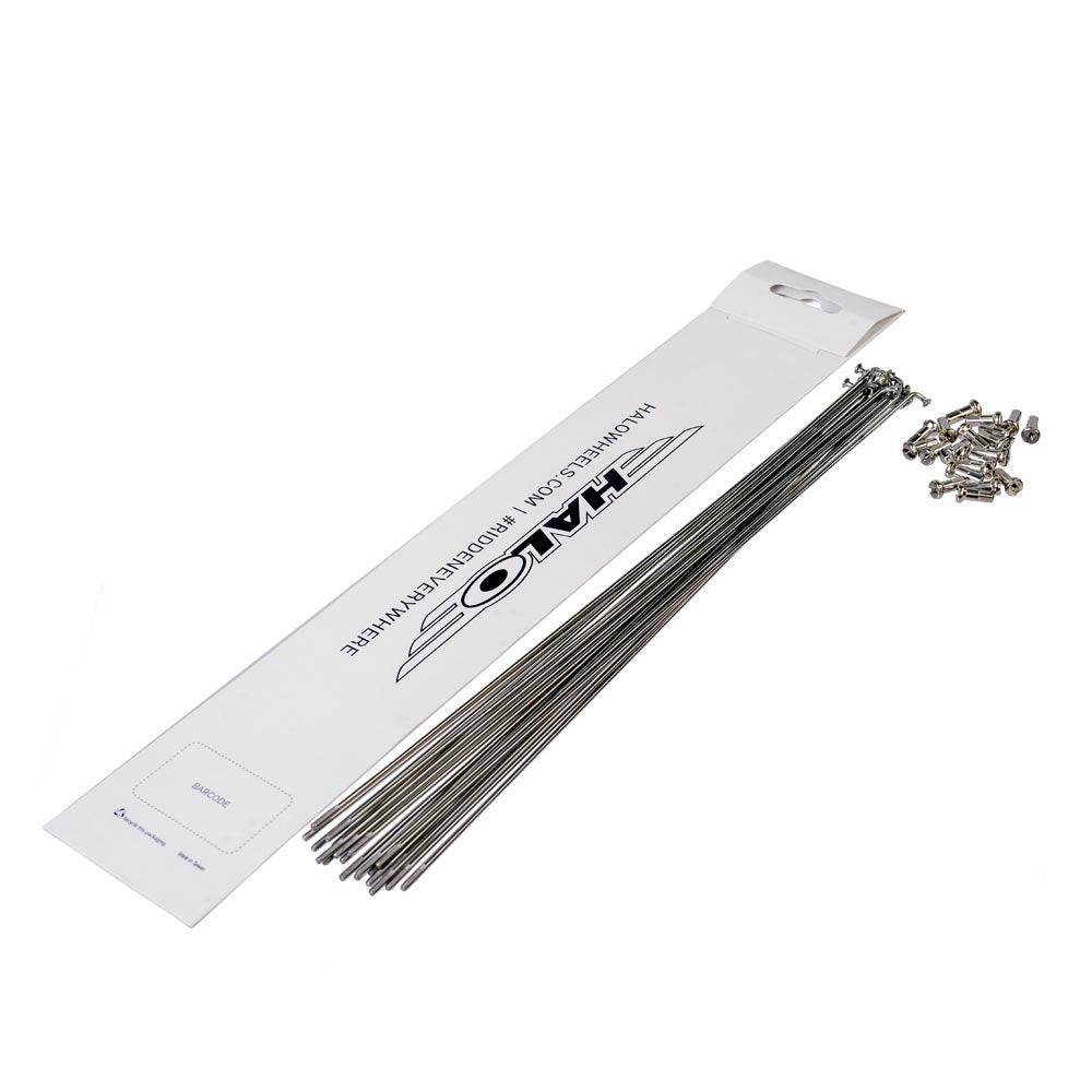 Halo stainless steel bicycle spokes with silver nickel brass nipples for durable wheel builds, detailed close-up image.