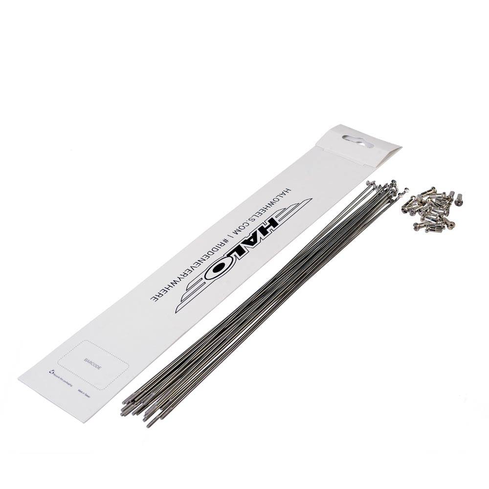 Halo stainless steel bicycle spokes with silver nickel brass nipples for durable wheel builds, shown in a close-up image.