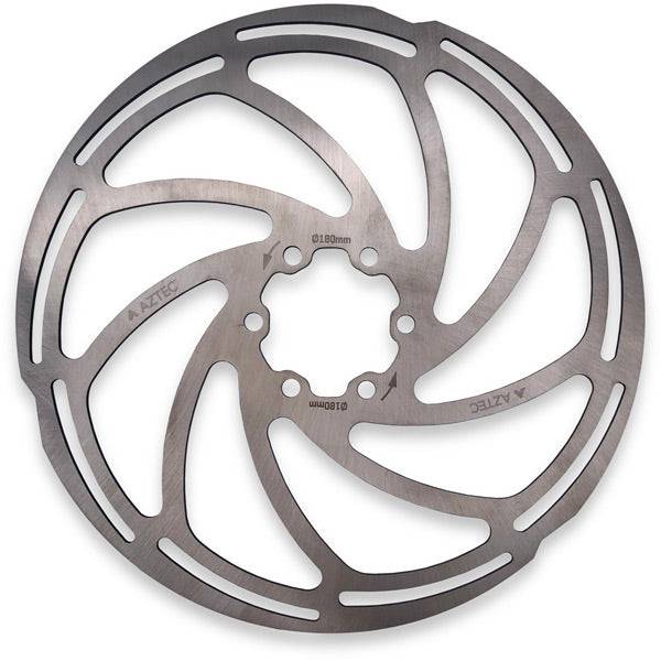 Aztec stainless steel 6-bolt fixed disc brake rotor for bicycle, showing the 2mm thickness and bolt holes design.