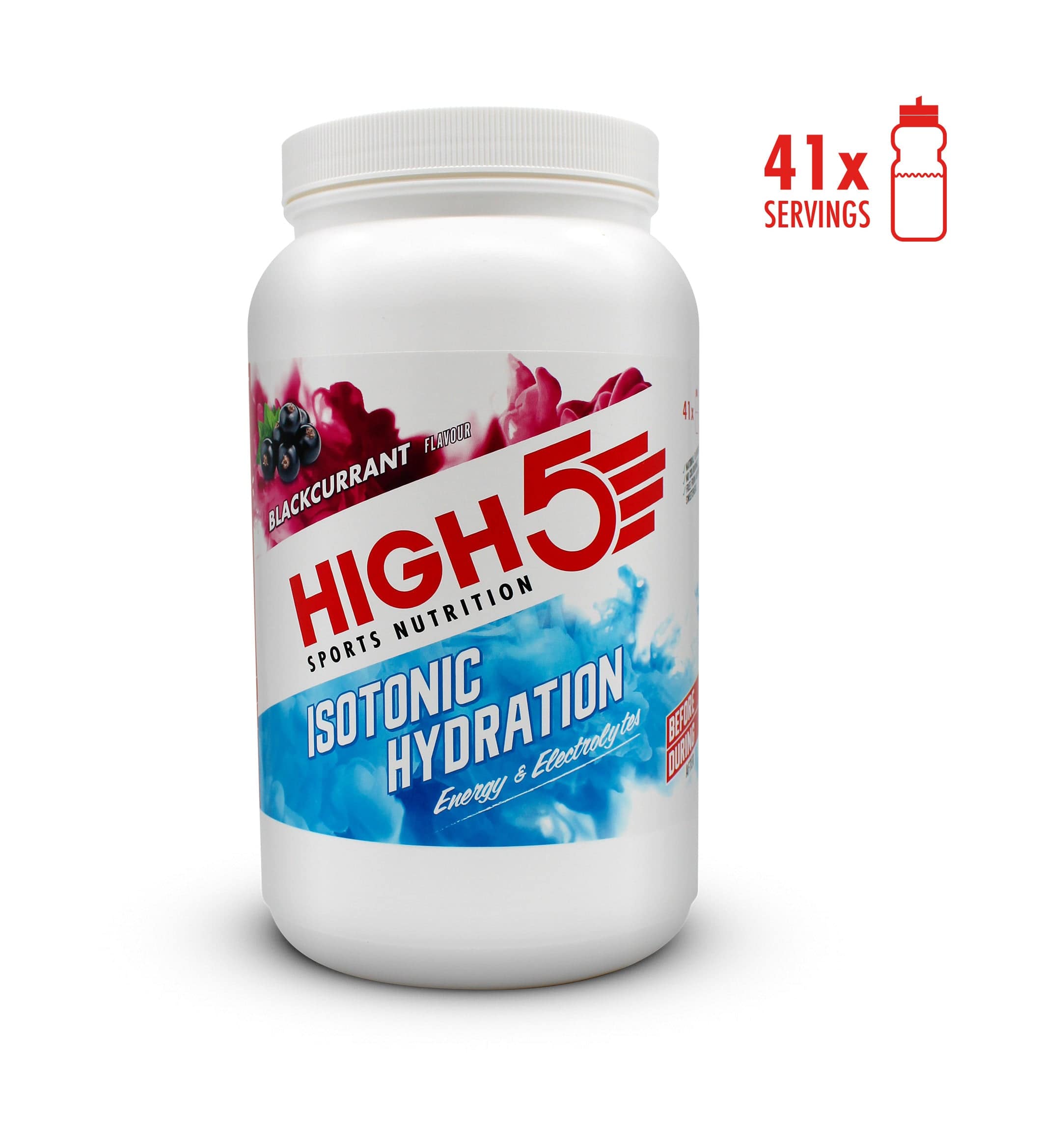 High5 isotonic hydration drink tub with blackcurrant flavor, electrolyte and energy support for exercise, large 1230g size.