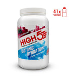 High5 isotonic hydration drink tub with blackcurrant flavor, electrolyte and energy support for exercise, large 1230g size.