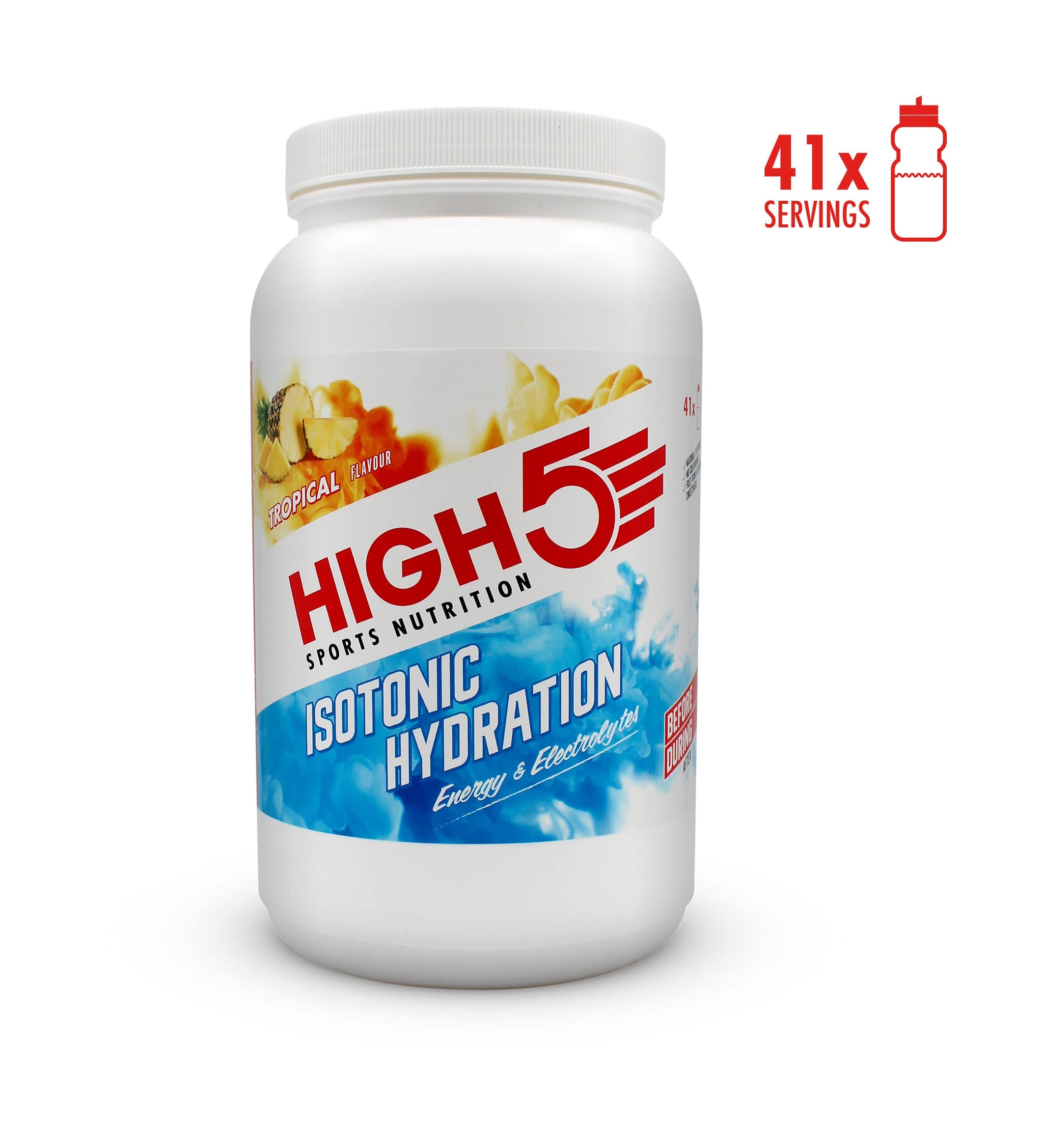 High5 isotonic hydration drink tub with tropical flavor, electrolytes, and energy support for exercise, shown in a large 1230g container.